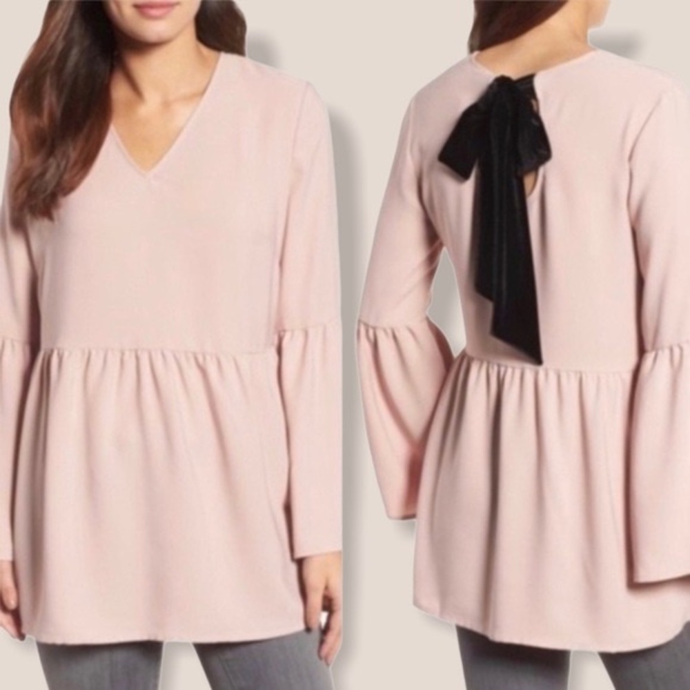 🎀 Blush Pink Black Velvet Bow Tie-Back V-Neck Babydoll Bell Long Sleeve Top